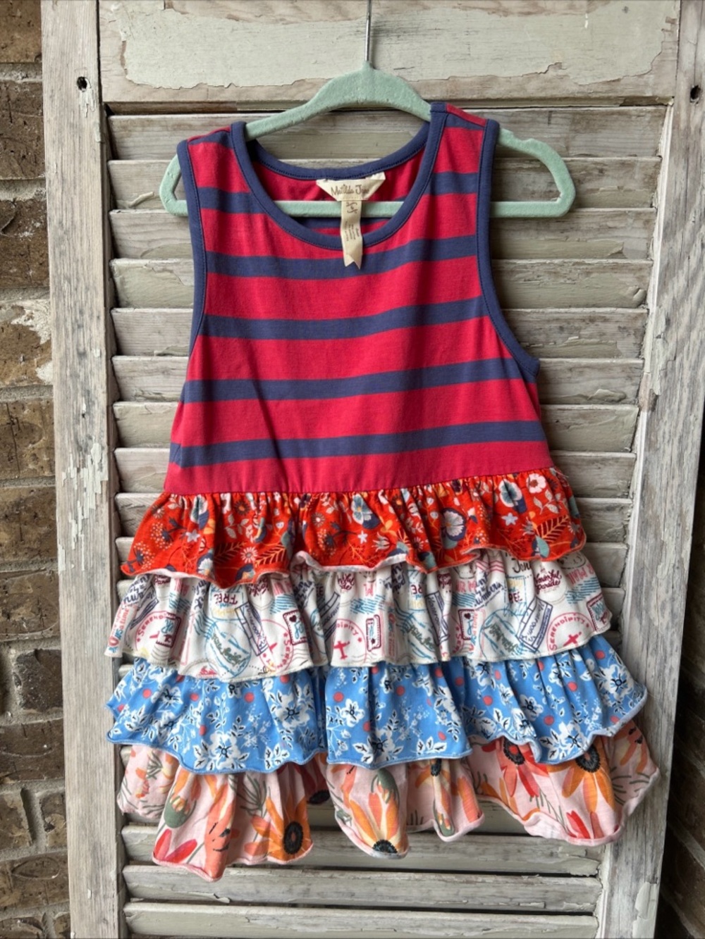 Matilda Jane Girls Size 6 No Stopping Tunic Top Stripes 4th of July Ruffles